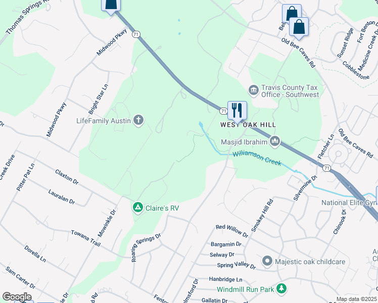 map of restaurants, bars, coffee shops, grocery stores, and more near 6804 Covered Bridge Drive in Austin