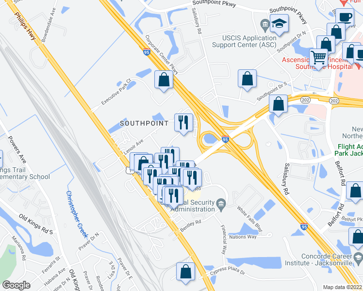 map of restaurants, bars, coffee shops, grocery stores, and more near Lenoir Avenue South in Jacksonville