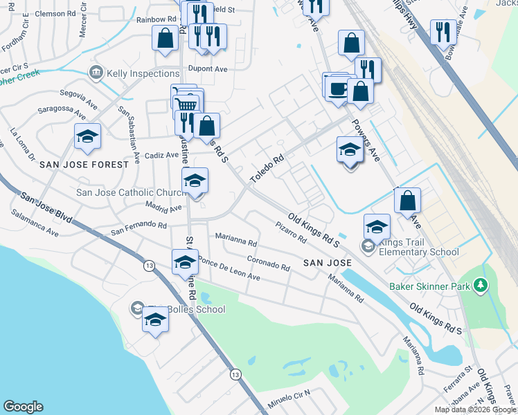 map of restaurants, bars, coffee shops, grocery stores, and more near 3666 Pizarro Road in Jacksonville