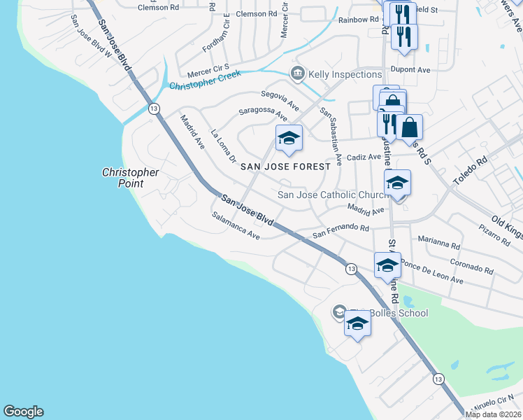 map of restaurants, bars, coffee shops, grocery stores, and more near 2609 Castile Road in Jacksonville