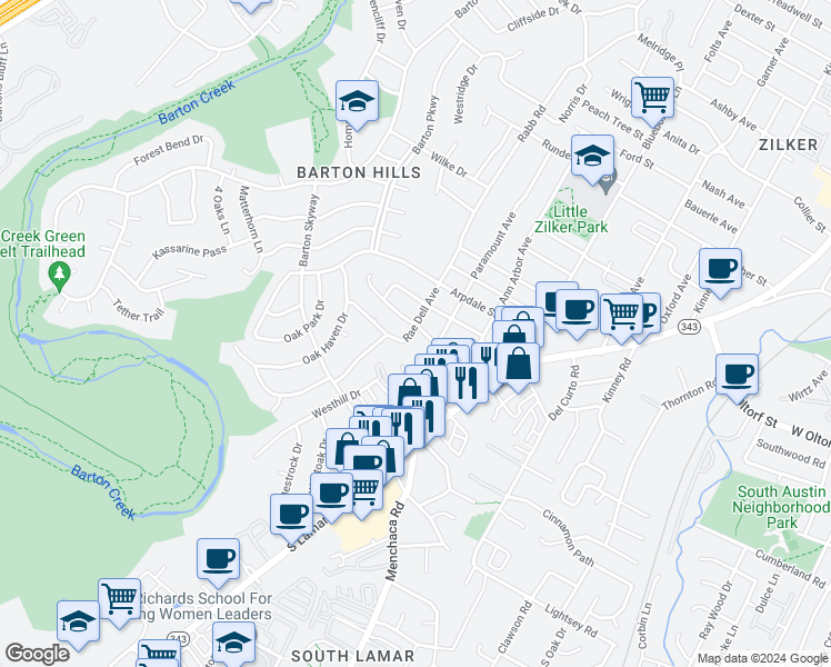 map of restaurants, bars, coffee shops, grocery stores, and more near 2209 La Casa Drive in Austin