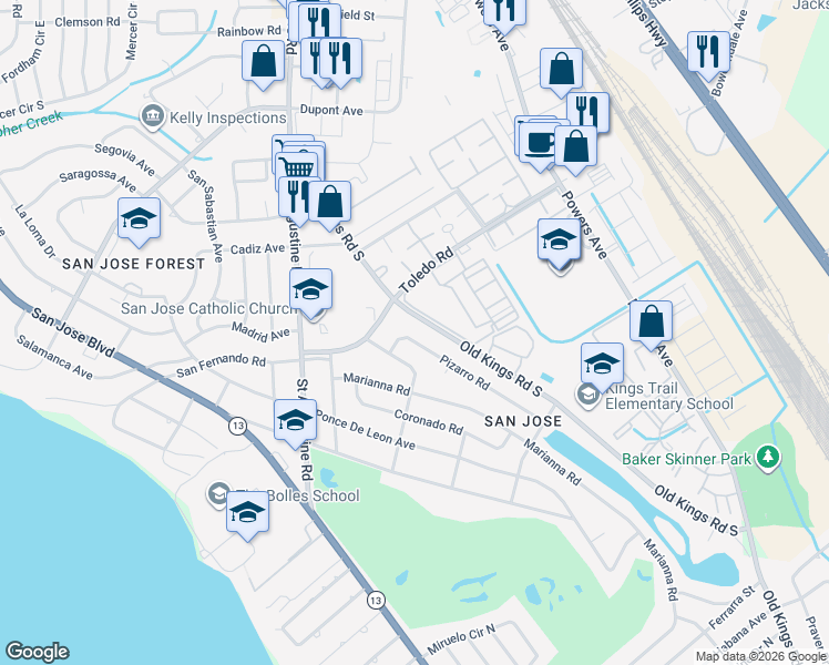 map of restaurants, bars, coffee shops, grocery stores, and more near 3666 Pizarro Road in Jacksonville