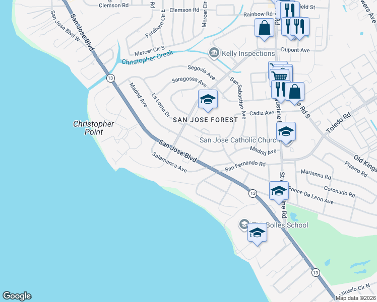 map of restaurants, bars, coffee shops, grocery stores, and more near 2609 Castile Road in Jacksonville