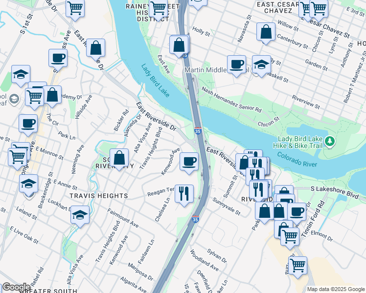 map of restaurants, bars, coffee shops, grocery stores, and more near 1300 Bonham Terrace in Austin