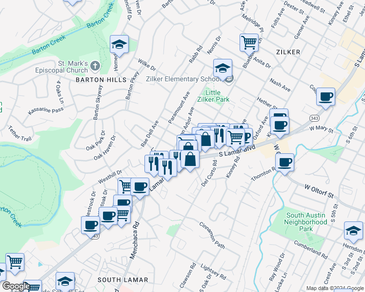 map of restaurants, bars, coffee shops, grocery stores, and more near 2418 South Lamar Boulevard in Austin