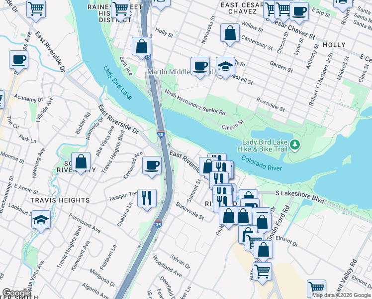 map of restaurants, bars, coffee shops, grocery stores, and more near 1350 East Riverside Drive in Austin