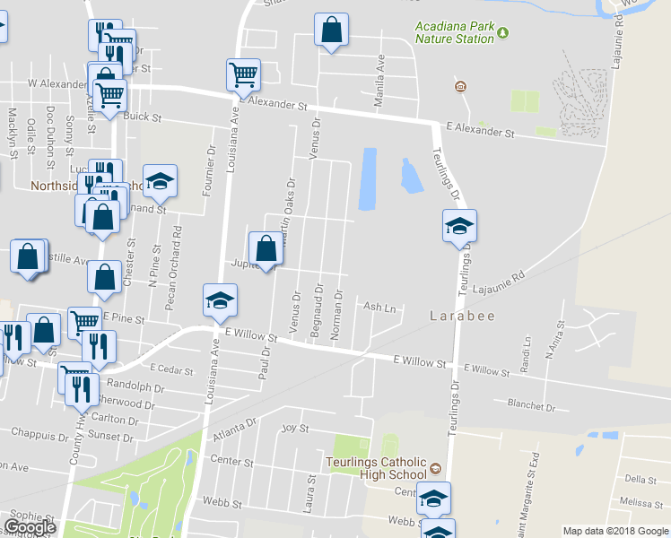 map of restaurants, bars, coffee shops, grocery stores, and more near 201 Norman Drive in Lafayette