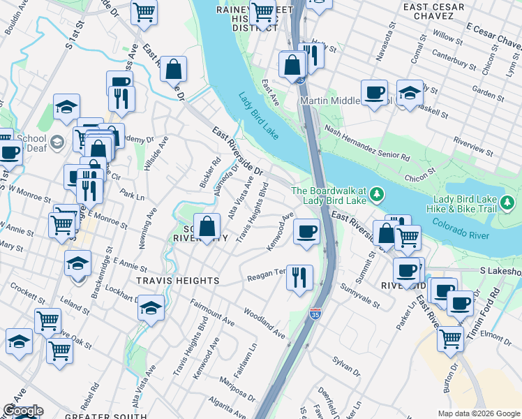 map of restaurants, bars, coffee shops, grocery stores, and more near 1207 Travis Heights Boulevard in Austin