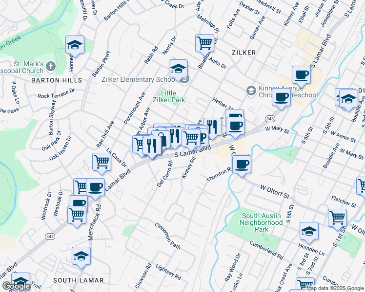 map of restaurants, bars, coffee shops, grocery stores, and more near in Austin