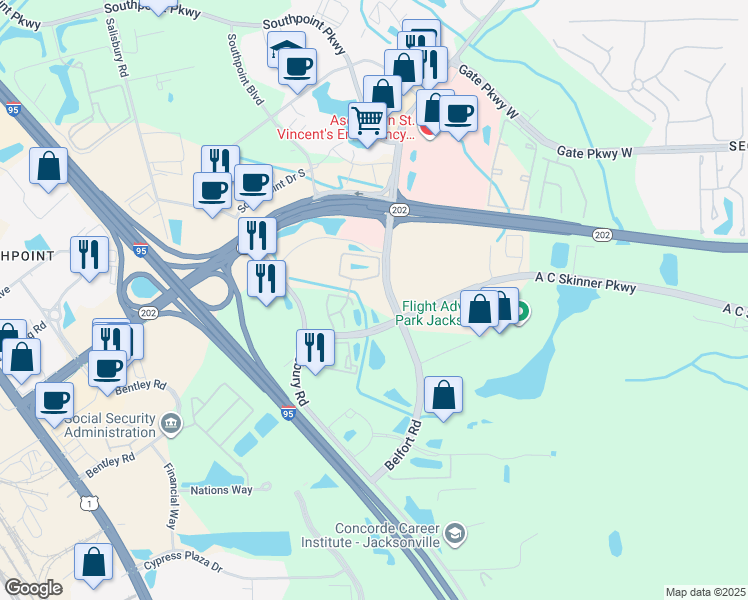 map of restaurants, bars, coffee shops, grocery stores, and more near 4870 Belfort Road in Jacksonville