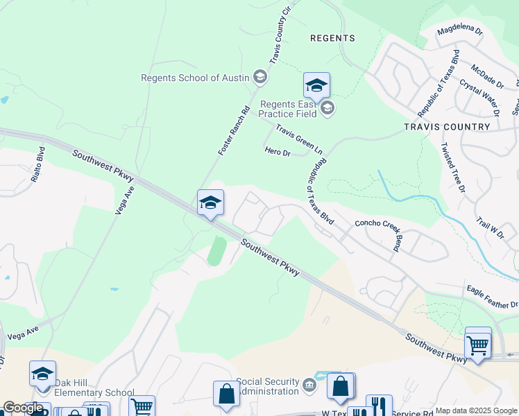map of restaurants, bars, coffee shops, grocery stores, and more near 5700 Southwest Parkway in Austin