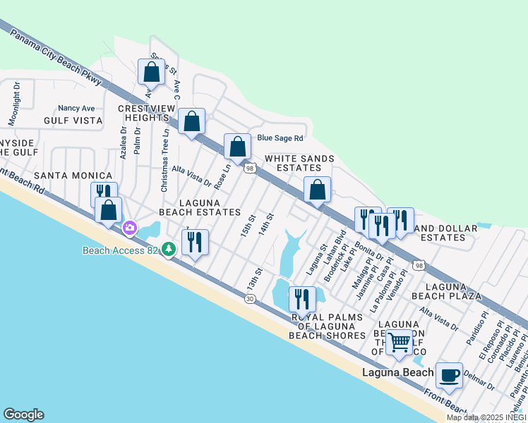map of restaurants, bars, coffee shops, grocery stores, and more near 20106 Alta Vista Drive in Panama City Beach
