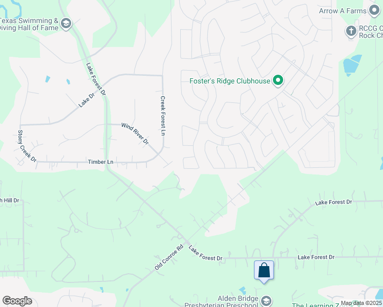 map of restaurants, bars, coffee shops, grocery stores, and more near 47 Wind River Drive in Conroe