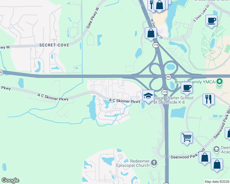 map of restaurants, bars, coffee shops, grocery stores, and more near 8649 A C Skinner Parkway in Jacksonville