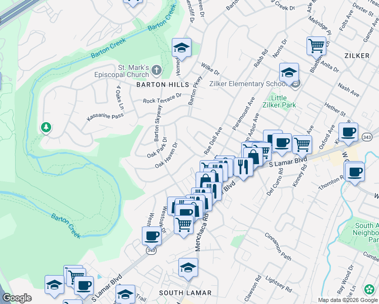 map of restaurants, bars, coffee shops, grocery stores, and more near 2403 Elmglen Drive in Austin