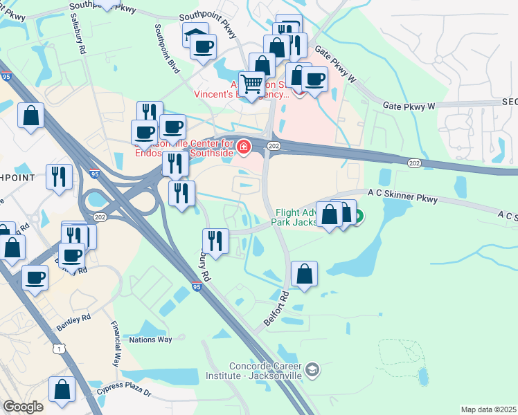 map of restaurants, bars, coffee shops, grocery stores, and more near 6981 A C Skinner Parkway in Jacksonville