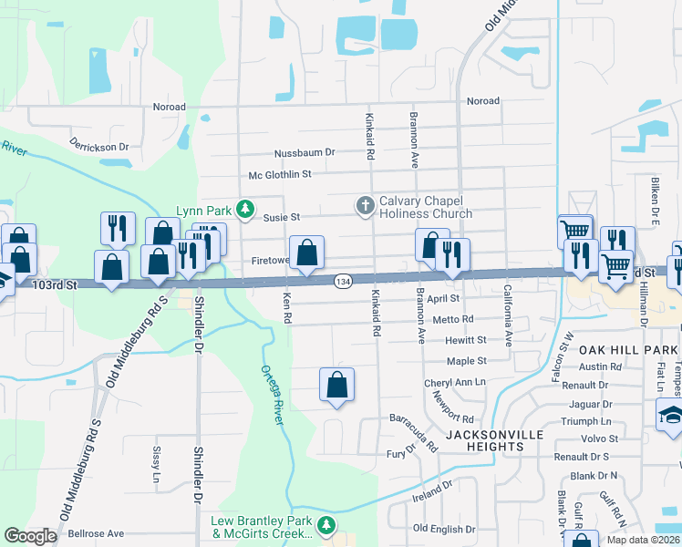 map of restaurants, bars, coffee shops, grocery stores, and more near 8516 103rd Street in Jacksonville