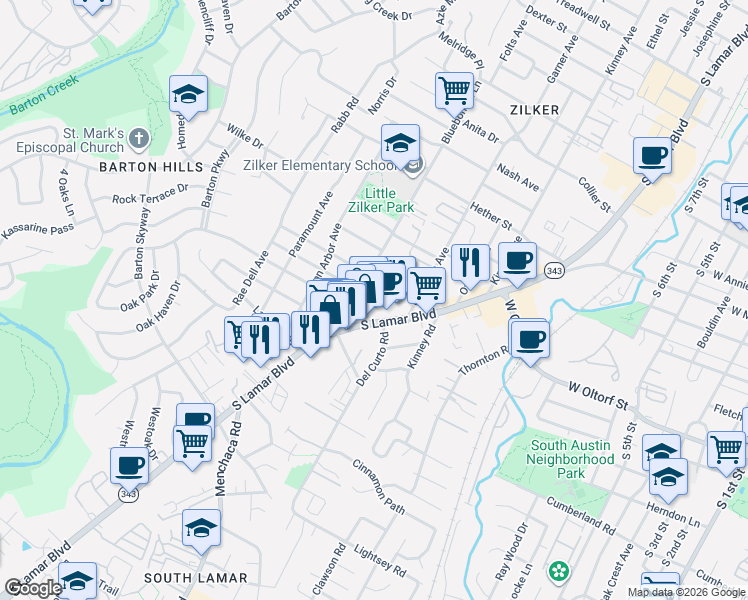 map of restaurants, bars, coffee shops, grocery stores, and more near 2324 South Lamar Boulevard in Austin