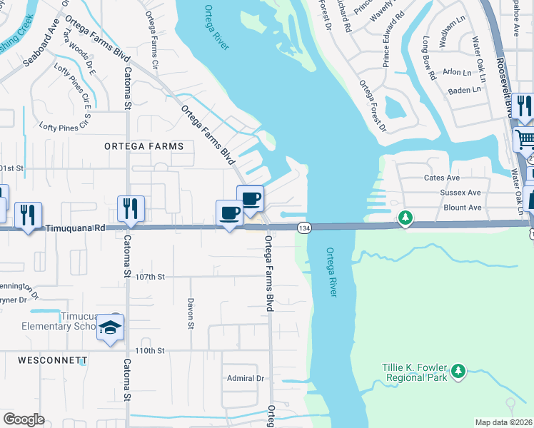 map of restaurants, bars, coffee shops, grocery stores, and more near 5375 Ortega Farms Boulevard in Jacksonville