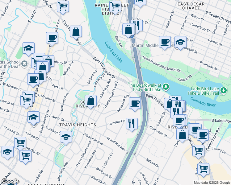 map of restaurants, bars, coffee shops, grocery stores, and more near 1205 Travis Heights Boulevard in Austin