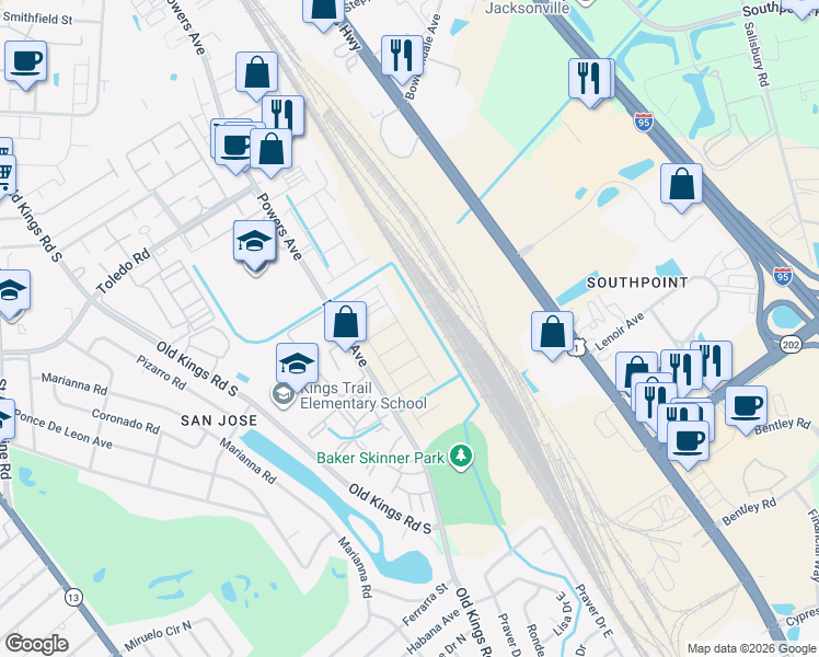 map of restaurants, bars, coffee shops, grocery stores, and more near 7236-7292 Powers Avenue in Jacksonville