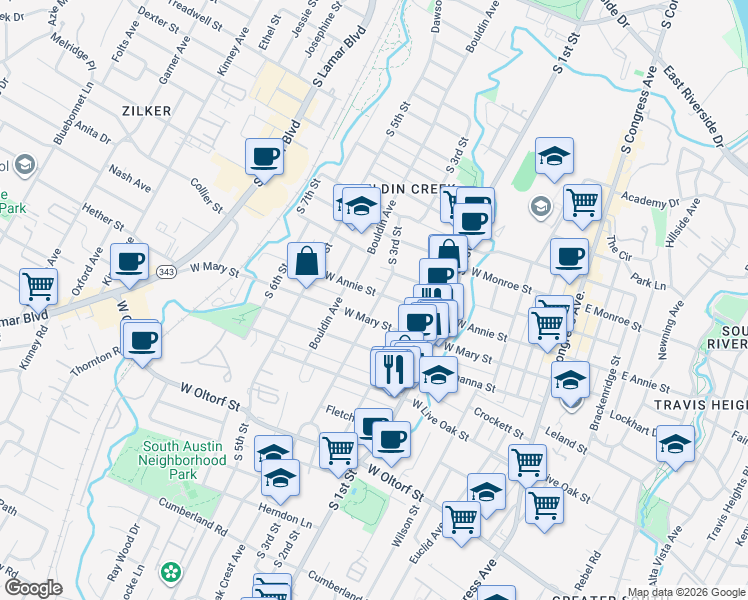 map of restaurants, bars, coffee shops, grocery stores, and more near 808 West Annie Street in Austin