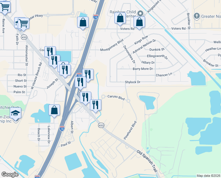 map of restaurants, bars, coffee shops, grocery stores, and more near 1408 Shylock Drive in Slidell