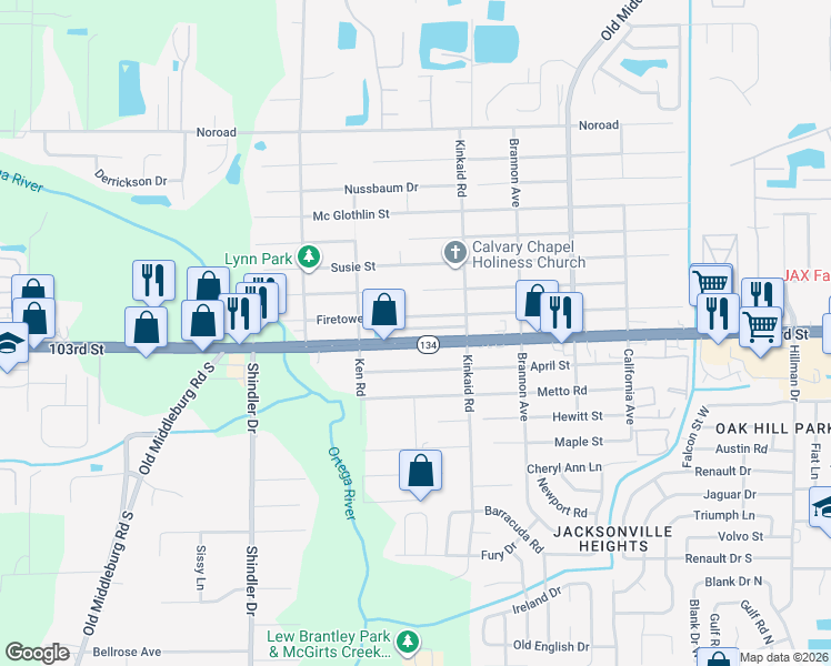 map of restaurants, bars, coffee shops, grocery stores, and more near 8516 103rd Street in Jacksonville