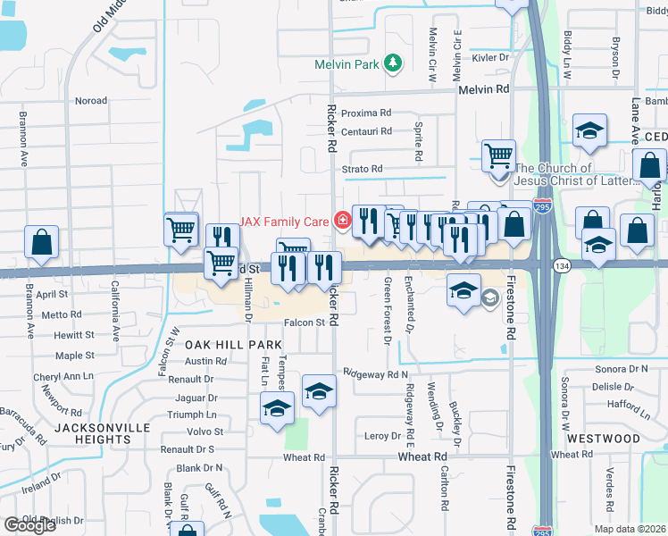 map of restaurants, bars, coffee shops, grocery stores, and more near 103rd St & Ricker Rd in Jacksonville