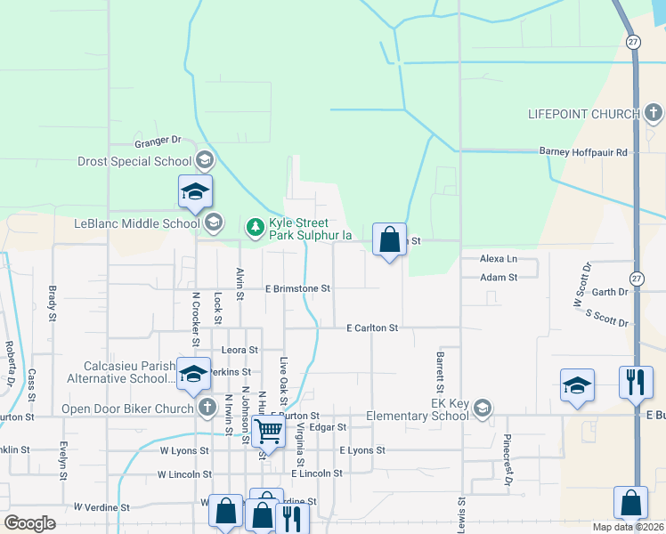 map of restaurants, bars, coffee shops, grocery stores, and more near 314 East Brimstone Street in Sulphur