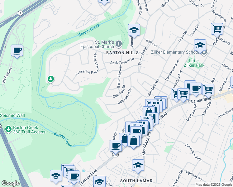 map of restaurants, bars, coffee shops, grocery stores, and more near 2902 Oak Park Drive in Austin