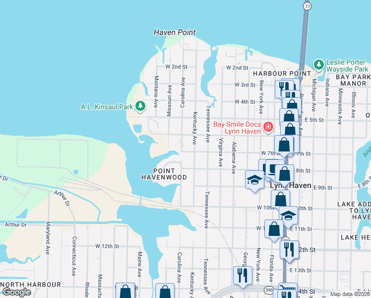 map of restaurants, bars, coffee shops, grocery stores, and more near 707 Carolina Avenue in Lynn Haven