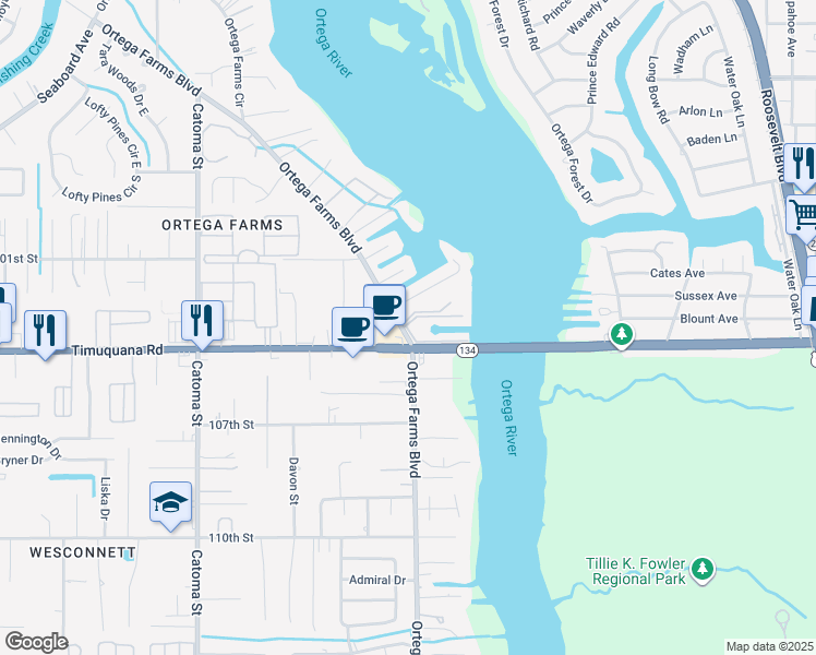 map of restaurants, bars, coffee shops, grocery stores, and more near 5111 Timuquana Road in Jacksonville