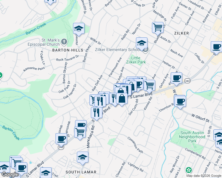 map of restaurants, bars, coffee shops, grocery stores, and more near 2102 Montclaire Street in Austin