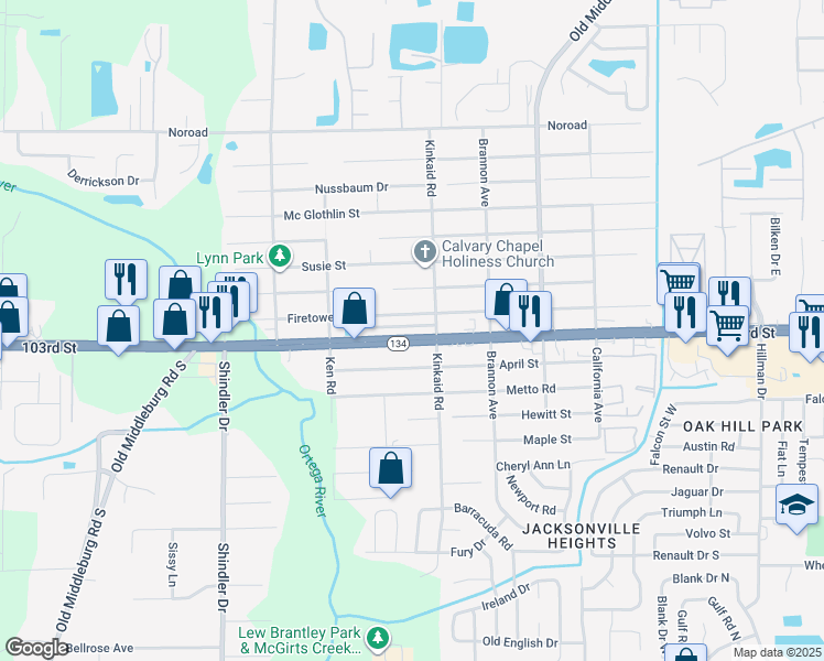 map of restaurants, bars, coffee shops, grocery stores, and more near 8402 103rd Street in Jacksonville