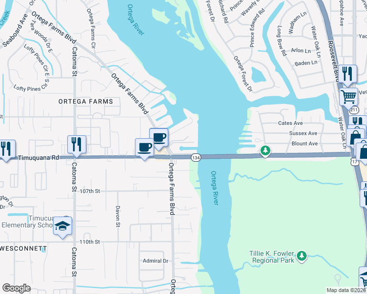map of restaurants, bars, coffee shops, grocery stores, and more near 5024 Timuquana Road in Jacksonville
