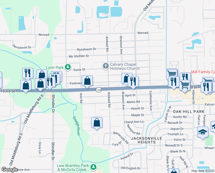 map of restaurants, bars, coffee shops, grocery stores, and more near 8402 103rd Street in Jacksonville