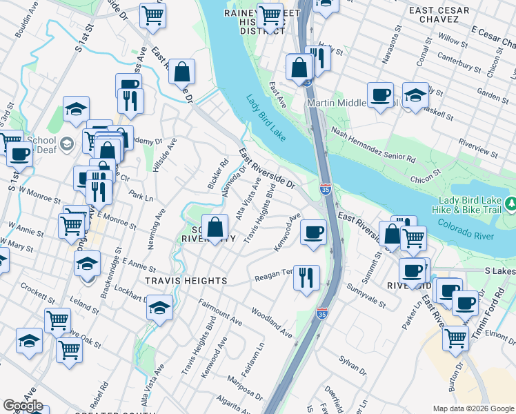 map of restaurants, bars, coffee shops, grocery stores, and more near 1306 Travis Heights Boulevard in Austin