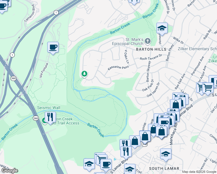 map of restaurants, bars, coffee shops, grocery stores, and more near 2718 Tether Trail in Austin