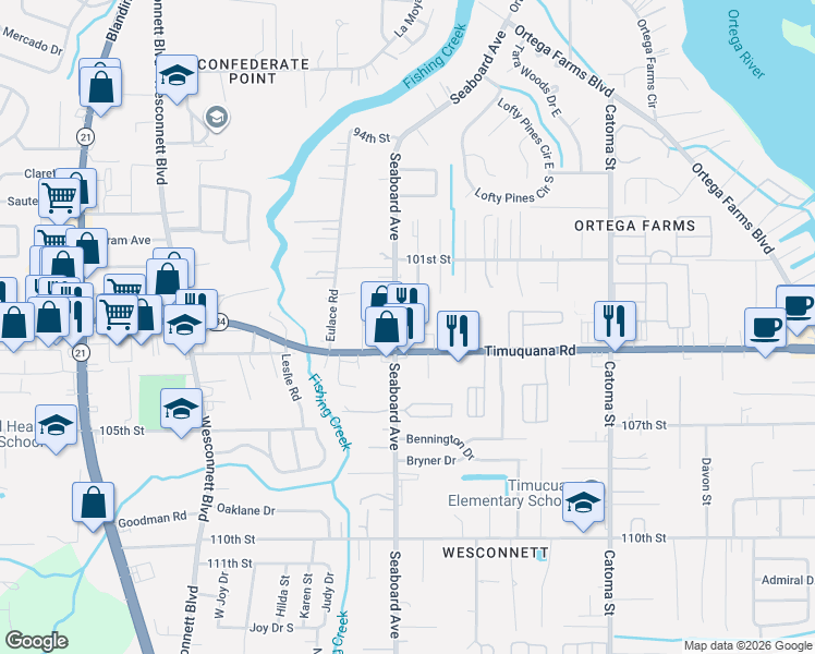 map of restaurants, bars, coffee shops, grocery stores, and more near in Jacksonville