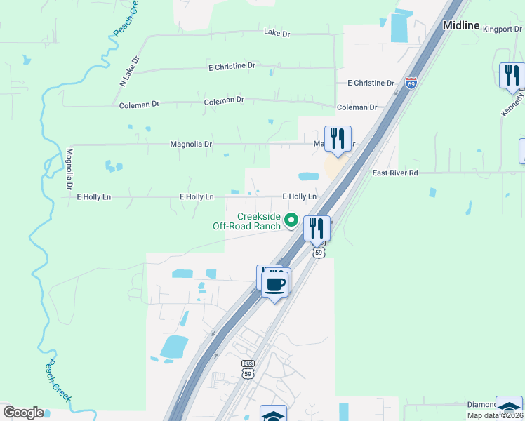 map of restaurants, bars, coffee shops, grocery stores, and more near 26172 East Holly Lane in Splendora