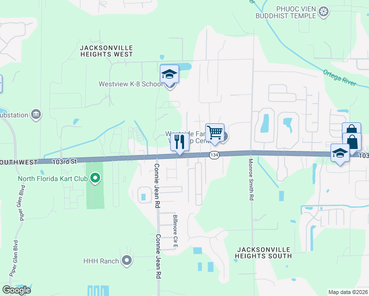 map of restaurants, bars, coffee shops, grocery stores, and more near 304 103rd Street in Jacksonville