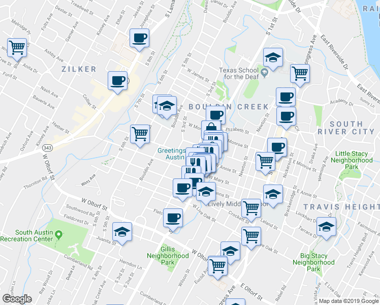 map of restaurants, bars, coffee shops, grocery stores, and more near 704 West Annie Street in Austin