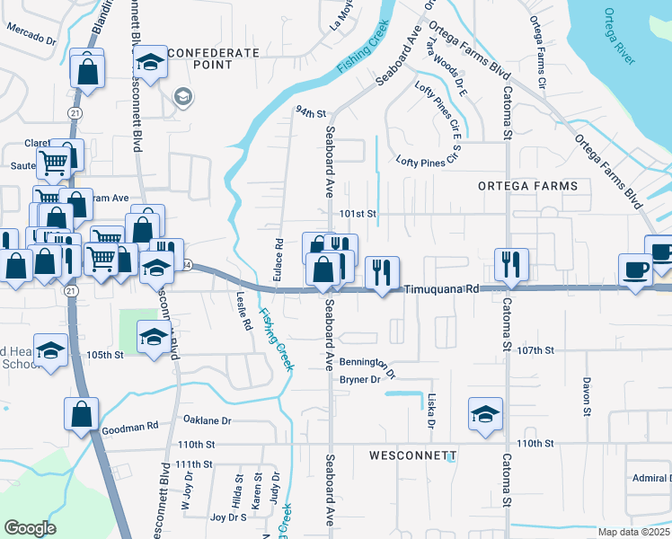 map of restaurants, bars, coffee shops, grocery stores, and more near 5672 Minocqua Street in Jacksonville
