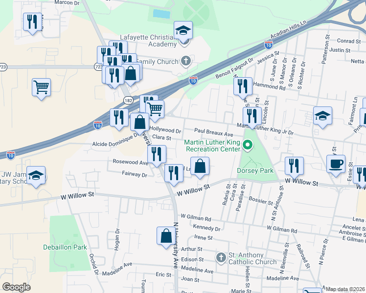 map of restaurants, bars, coffee shops, grocery stores, and more near 200 Clara Street in Lafayette