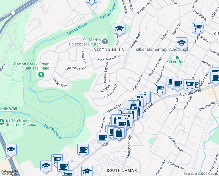 map of restaurants, bars, coffee shops, grocery stores, and more near 2807 Oak Park Drive in Austin