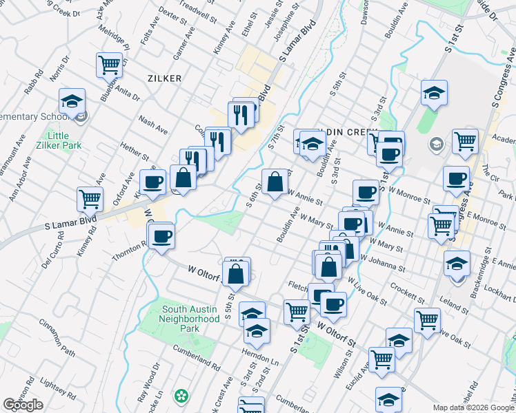 map of restaurants, bars, coffee shops, grocery stores, and more near 1007 West Mary Street in Austin