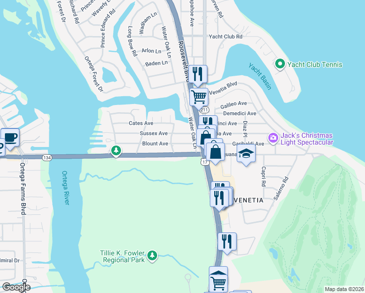 map of restaurants, bars, coffee shops, grocery stores, and more near in Jacksonville