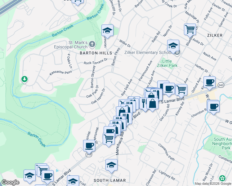 map of restaurants, bars, coffee shops, grocery stores, and more near 2700 Rae Dell Avenue in Austin