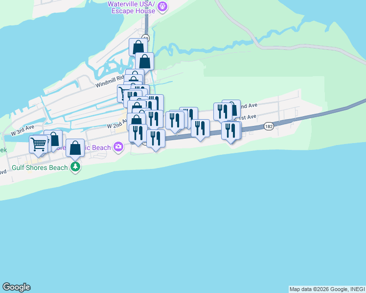 map of restaurants, bars, coffee shops, grocery stores, and more near 300 East Beach Boulevard in Gulf Shores